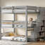 Grey Full Size Triple Bunk Bed Featuring Storage Staircase And Separate Configuration, Pine Construction, Good For 3 Design Staircase, Solid Ideal Guests-1772066912