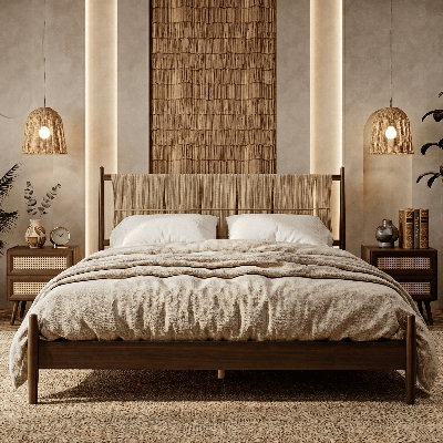 Marenzo King Platform Bed with Handwoven Headboard – American Walnut Veneer, Solid American Walnut Legs, Artisan Craftsmanship, Silent Slats, Effortless Assembly, King – Dark Walnut
