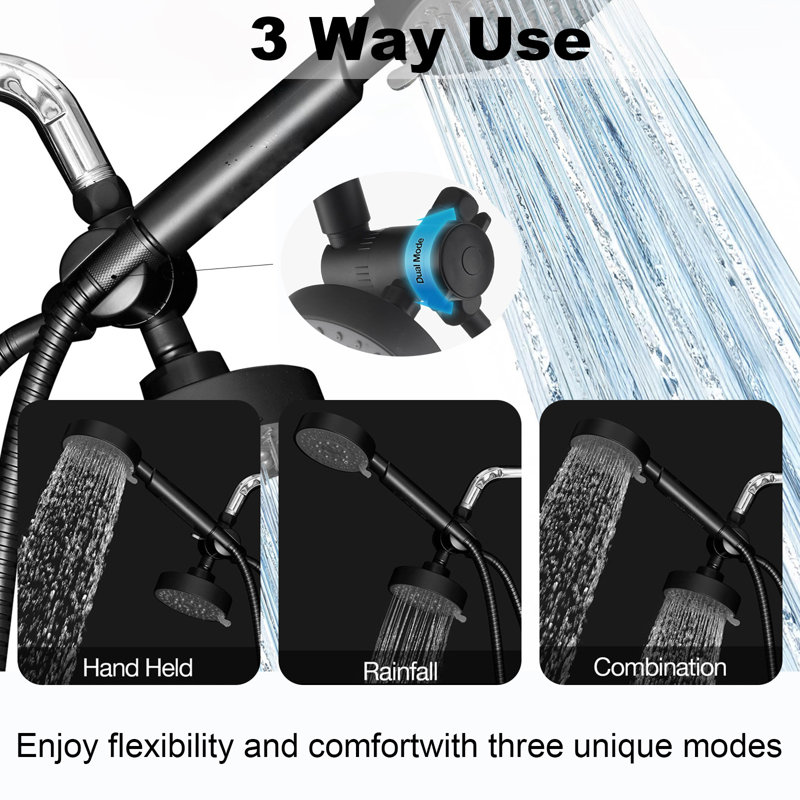Dual-Function Shower Head With Diverter & Anti-Clog Nozzles – 60" Hose Included, Matte Black