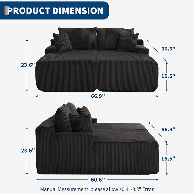 Méridienne double 66 po, siège surdimensionné en velours côtelé rembourré avec assise profonde, sans assemblage, Noir