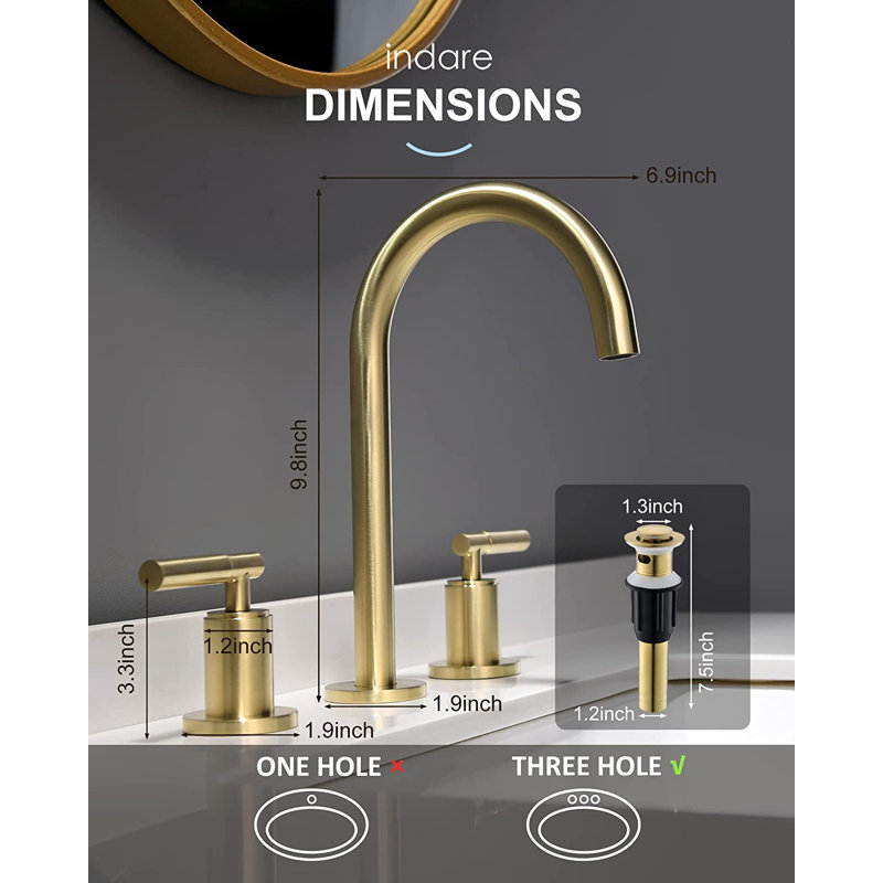 INDARE Bathroom Faucet, 8 Inch Brass Widespread Bathroom Sink Faucet 3 Holes, Two Handles Bathroom Sink Faucet with Pop-Up Drain & Supply Lines, For Bathroom Vanity RV, 110104-DG