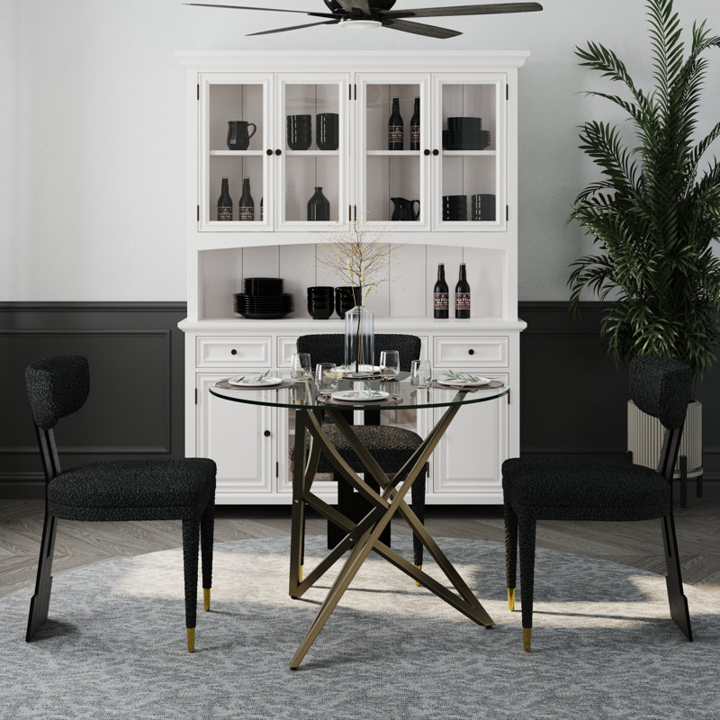 36 Inch Clear Tempered Glass Round Dining Table With Polished Metal Base, Tan