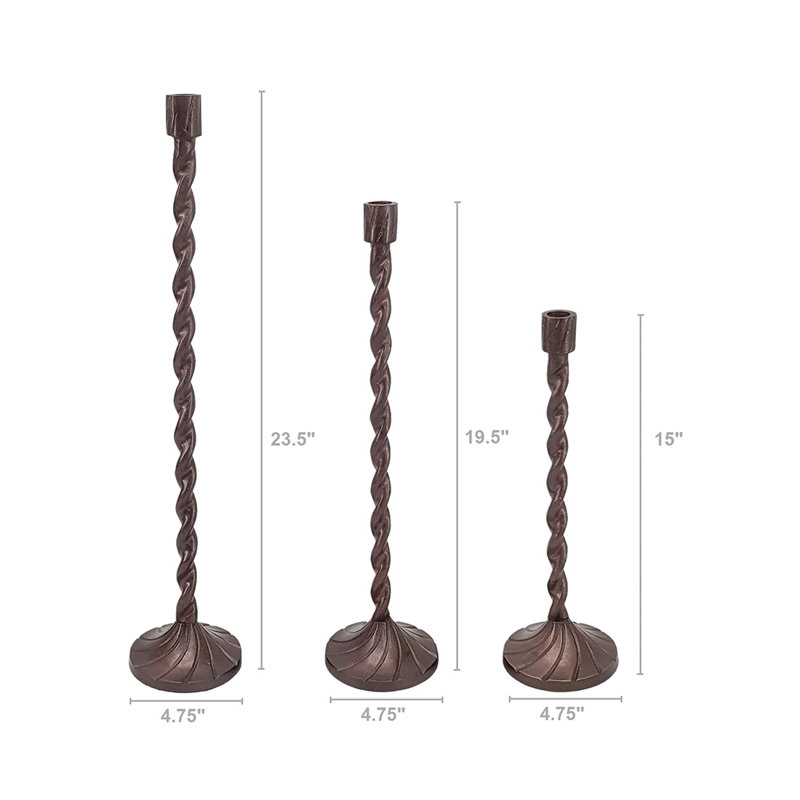 Ensemble de 3 porte-bougies coniques en aluminium fabriqués à la main dans une finition bronze avec un design en spirale torsadée