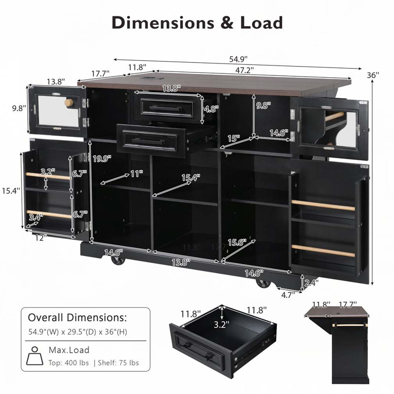 Kitchen Island with Drop Leaf, Power Outlet, Kitchen Storage Cart with 4 Door Shelves, Cross Barn Doors & Visual Glass Door, Rolling Kitchen Island on 4 Wheels for Kitchen