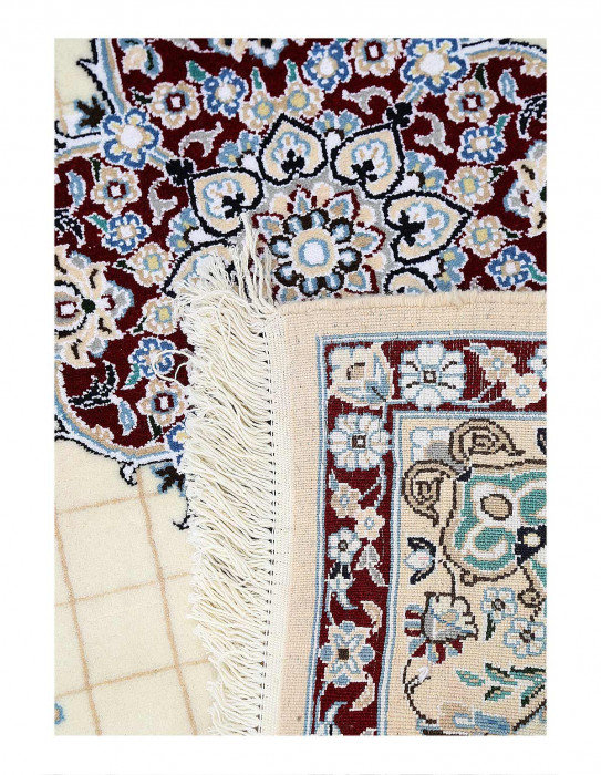 Tapis ivoire / bleu en laine et soie 2 pi 5 po x 3 pi 3 po Emett