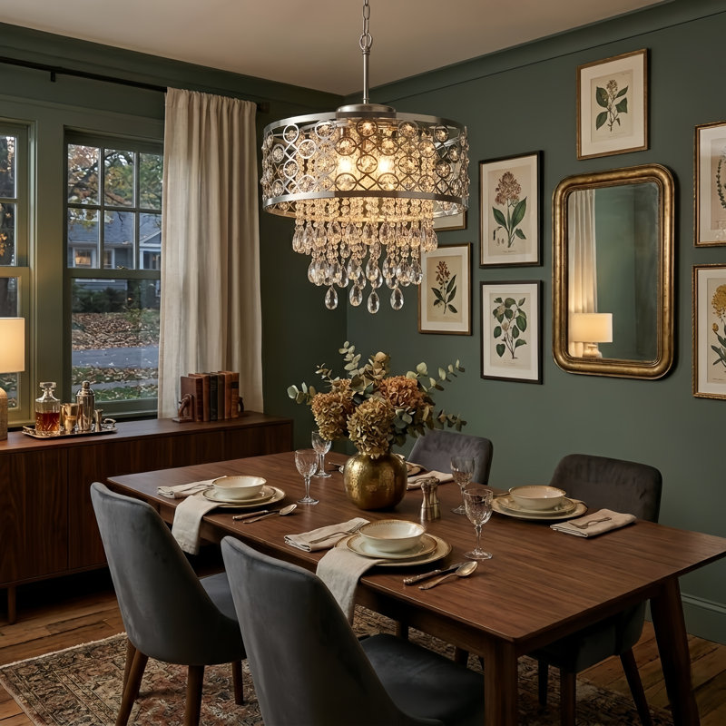 Lustre tambour en métal à 5 lumières Jolie avec détails en cristal, Chrome poli