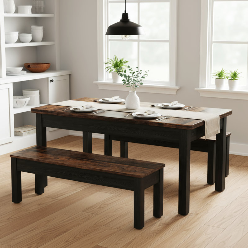 55" Farmhouse Kitchen Table With 2 Benches, 3-piece Wooden Dining Table Set, Brown&Black
