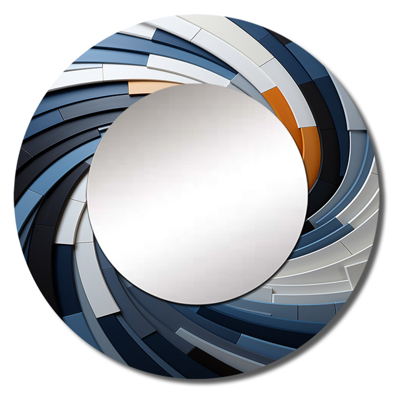 «Geometric Spiral II - Abstract Spirals», miroir mural rond bleu, 36 po x 36 po