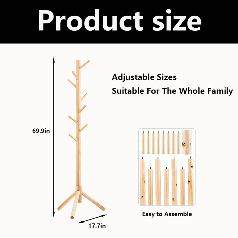 Freestanding Solid Wood Coat Rack With 8 Hooks And 3 Adjustable Size ,For Hats, Bags, Purses, Entryway, Hallway, Natural
