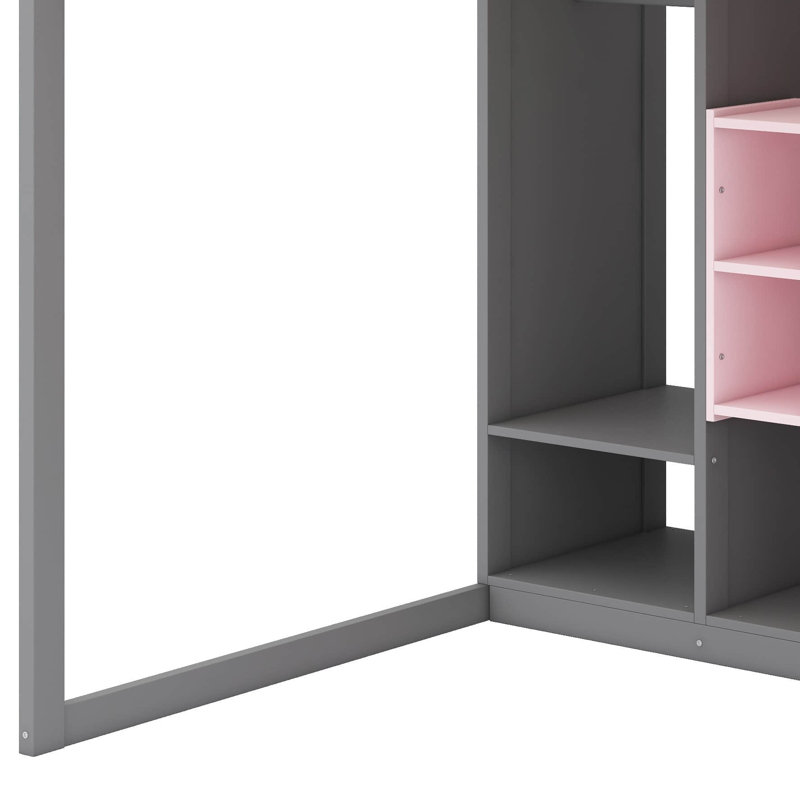 Full-Scale Raised Loft Bed Featuring Closet, Racks, Gray/Pink