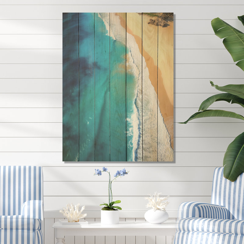 Blue Waves Aérien Beach Escape V - plage sur bois, H 44 po x l 34 po