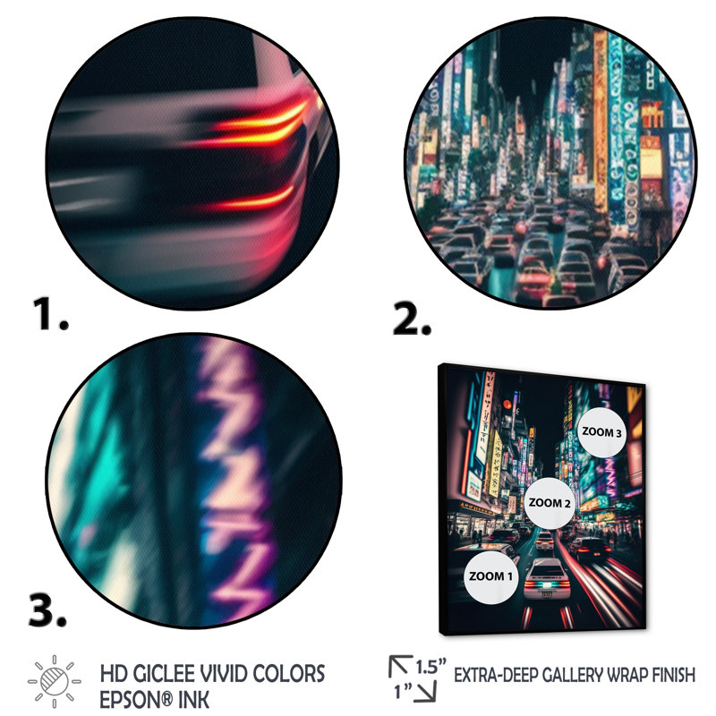 Futon sur toile «Neon tokyo» - paysages urbains, H 32 po x l 24 po x P 1 po, Cadre flottant noir