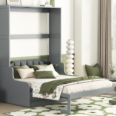Grand lit gris avec coussin, armoire pliable, solution d'espace pour les petits appartements et les chambres d'amis, bureaux à domicile multiples