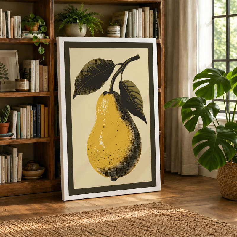 Single Pear with Leaves Botanical - Wrapped Canvas, 30x20 - 76.2 x 50.8 cm, Black Border