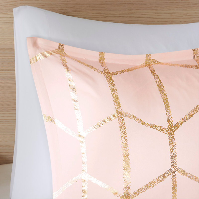 King/Cal King Metallic Printed Comforter Set, Blush+Gold, King Comforter + 4 Additional Pieces, Striped