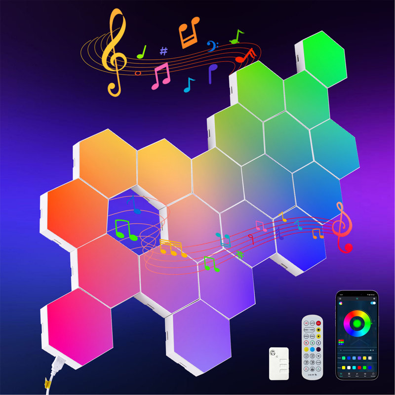 Lumières hexagonales à DEL - 20 ensembles de lumières de jeu intelligentes APP RVB, avec télécommande et synchro musicale. Lumières hexagonales en forme de nid d'abeilles, convenant aux murs de chambre à coucher et de salon