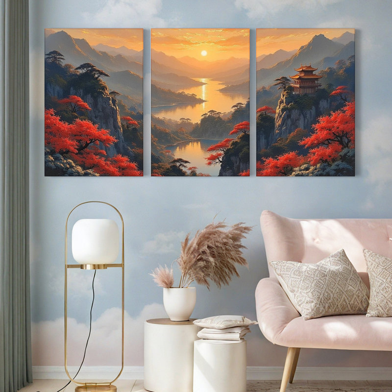 Paysage de montagne d'automne avec érables rouges et pagode - Tableau sur toile (lot de 3), H 18 po x l 36 po