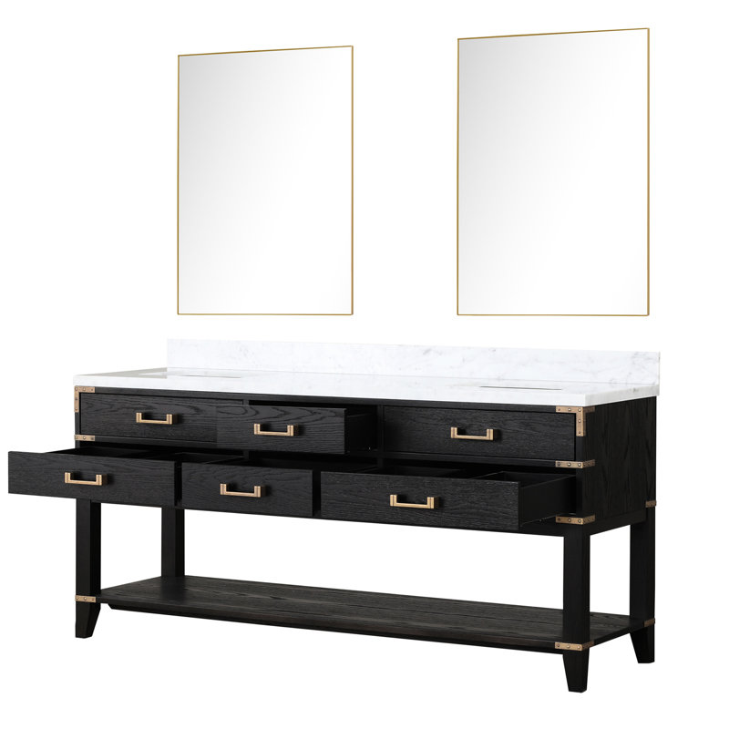 Black Oak Double Bath Vanity, Hand - Sealed Marble Top, Soft Close, 34 In. Mirrors, Bathroom Use 72 W Four Drawers, Close Feature