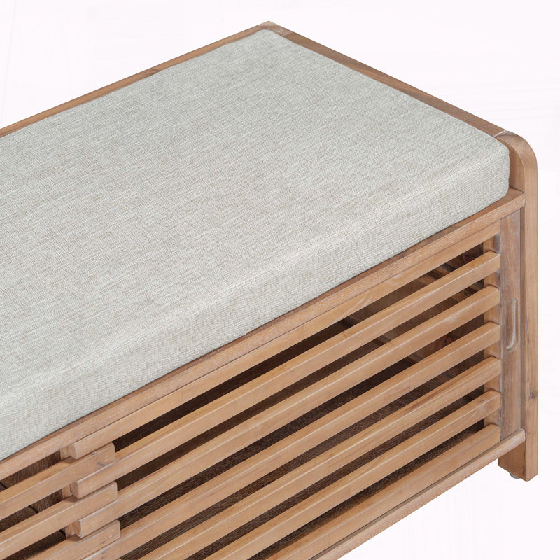 Banc de rangement patiné avec coussin et porte coulissante