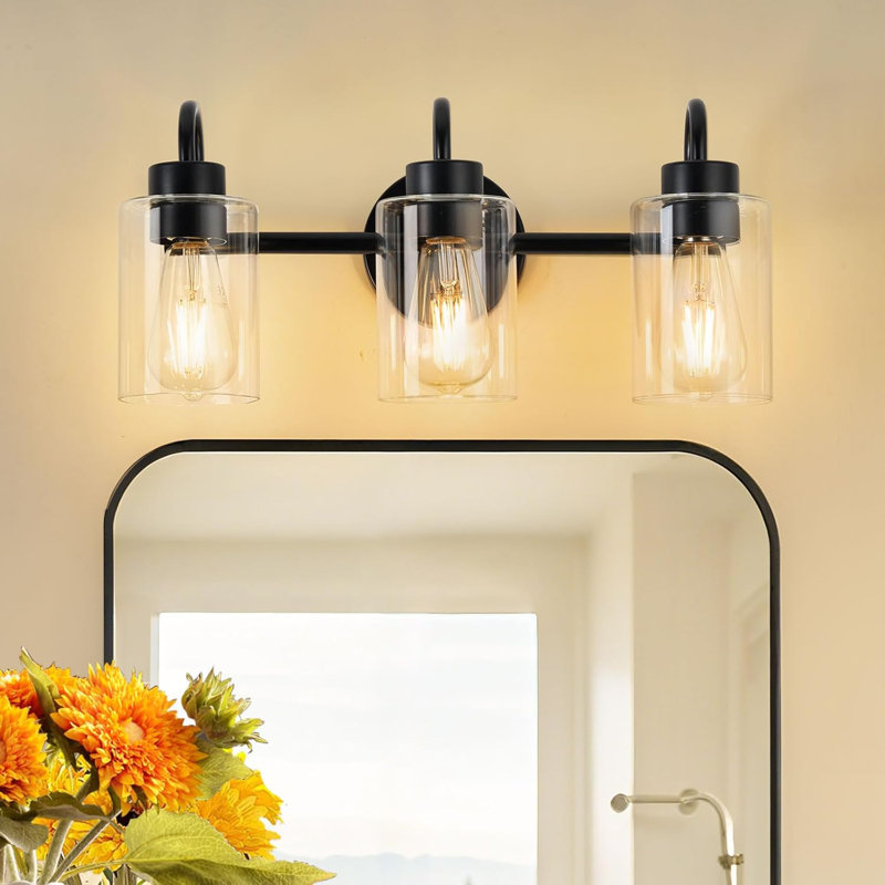 Luminaire de meuble-lavabo 3 lumières, applique murale noire moderne avec abat-jour en verre transparent pour miroir, salle d'eau, chambre à coucher, salon, à intensité variable