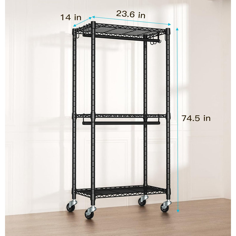 Black Portable Wire Closet System with Wheels, 23.6'' W x 14'' D x 74.5'' H