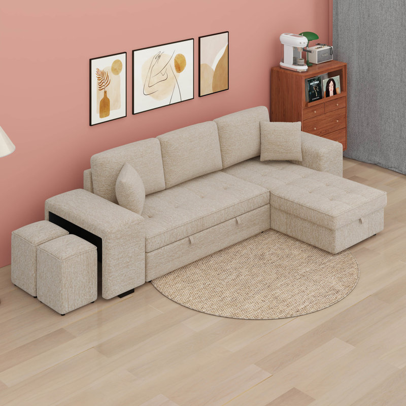 Canapé modulaire en L avec méridienne de rangement et 2 tabourets, lit escamotable, Crème, crème