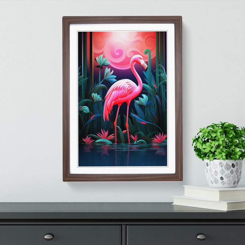Flamingo Art Deco No.2 - Single Picture Frame Print on Wood, 34cm H x 25cm W x 2cm D, Walnut