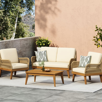 Chat de luxe en bois, style tissage de corde, coussins d'eau, 2 chaises et table basse avec motif, club