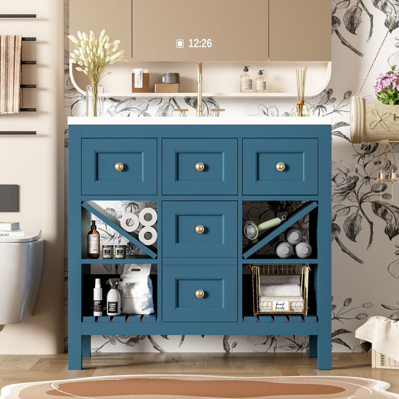 36'' Bathroom Vanity With Resin Sink Combo, Solid Wood Frame Bathroom Storage Cabinet, Freestanding Vanity Set With 5 Drawers& Soft Closing Doors