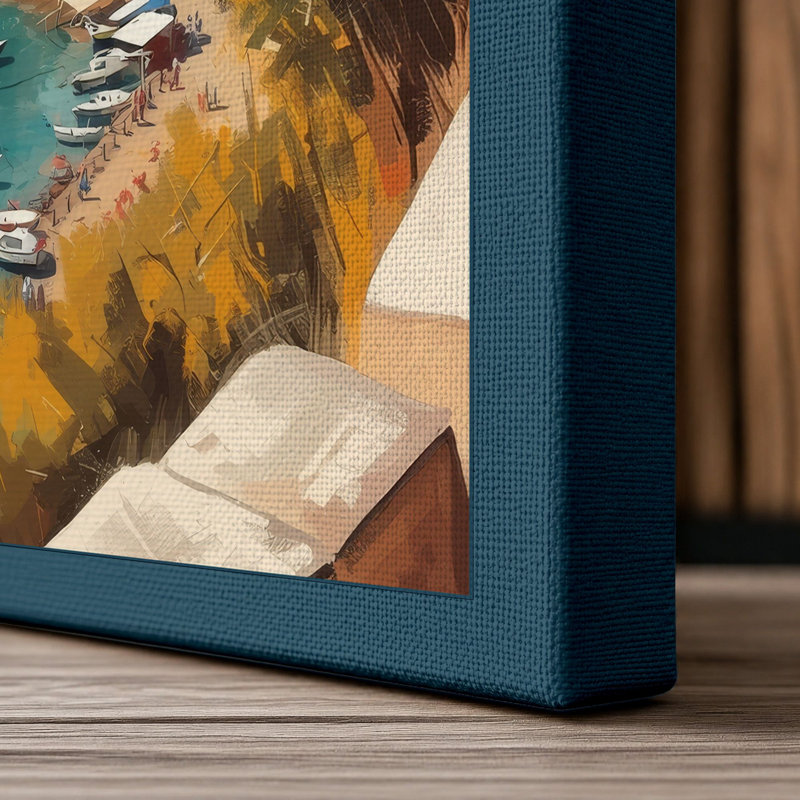 Clifftop Village by the Sea Coastal - Wrapped Canvas, 24x16 - 61.0 x 40.6 cm, Teal Border