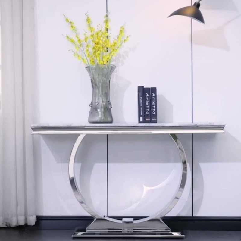 Luxury Console Table With Metal U Base And Gloss Texture Top, Grey/Silver