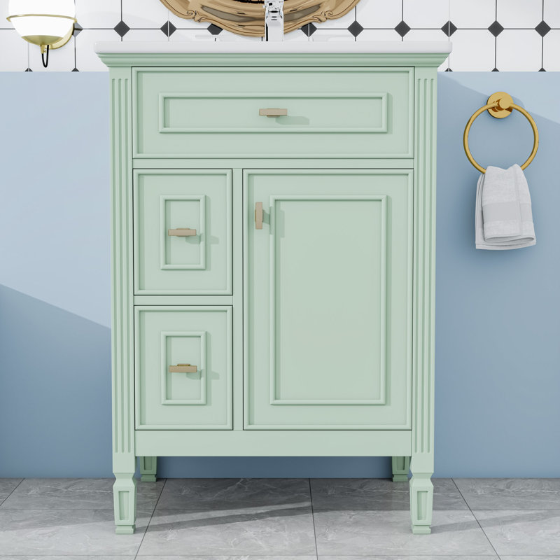 Meuble-lavabo autoportant moderne avec lavabo en céramique, tablette réglable et grand espace de rangement, Vert
