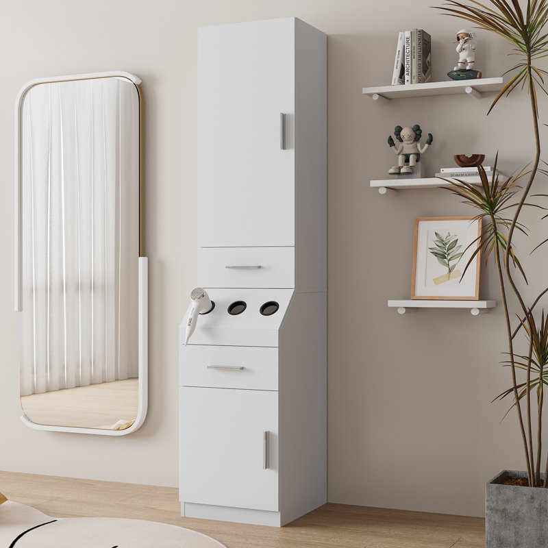 Armoire de rangement pour cheveux avec 2 tiroirs et 3 porte-outils chauds, Blanc