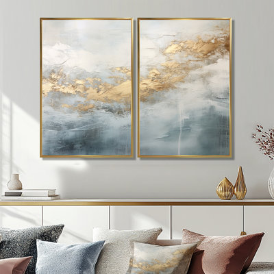 Beige bleu or océan tempête V - impressions sur toile dorées