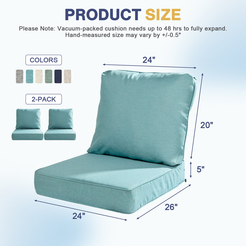  Outdoor Seat/Back Cushion Set of 2, Caribbean Turquoise, 24" W x 26" D