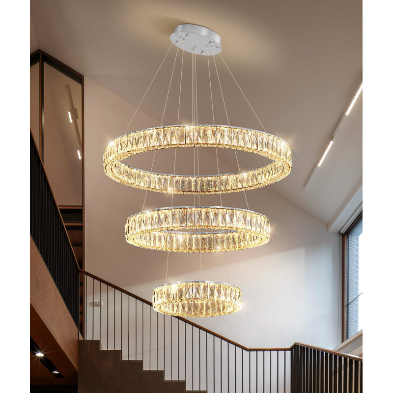 Large Dimmable Chandelier Led Crystal Rings, Silver, 78" H x 31.4" W x 31.4" D