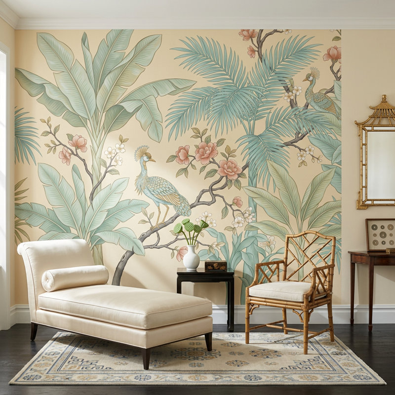 Papier peint botanique tropical, paon et feuilles de palmier, 100 po x 96 po, Texturé non collé