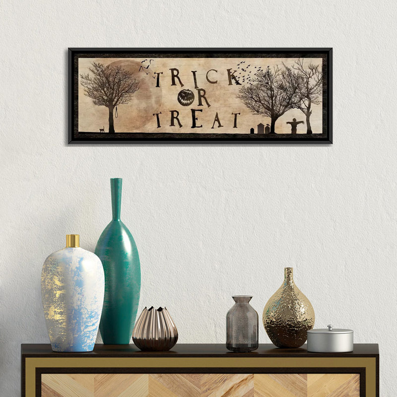 " Trick Or Treat " by 5by5collective, 12" H x 36" W x 1.5" D, Black Framed