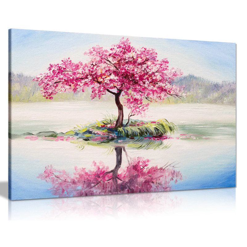 Japanese Oriental Cherry Tree On Lake - Wrapped Canvas Print, 31cm H x 20cm W