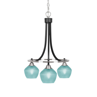 Mukkesh 3 Light Chandelier Matte Black & Brushed Nickel 6" Turquoise Glass