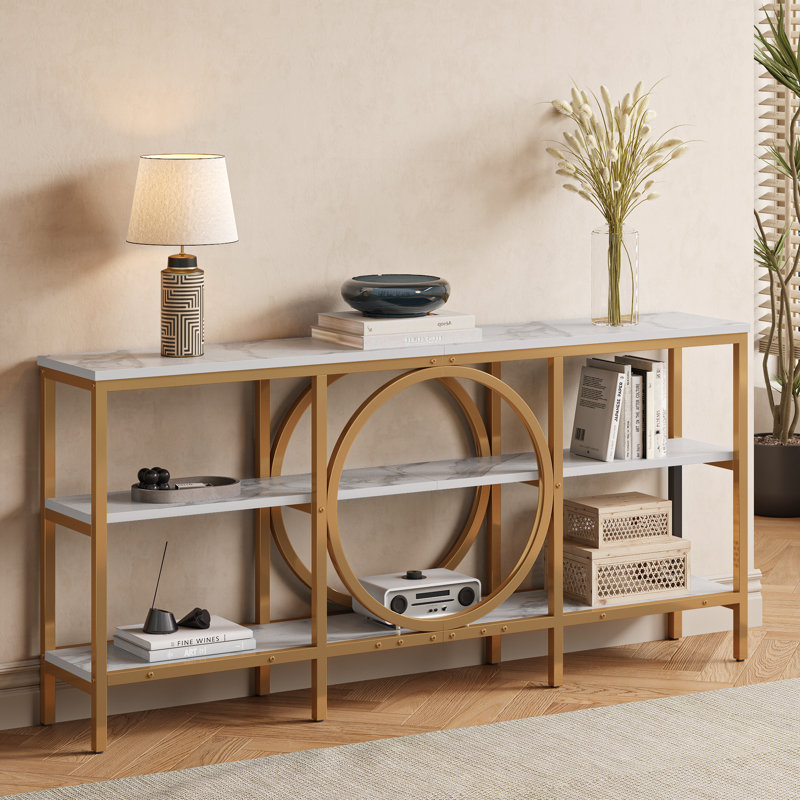 66"  Long Console Table,Narrow 3-Tier Entryway Table Sofa Table,Accent Industrial Hallway Table, White, Champagne