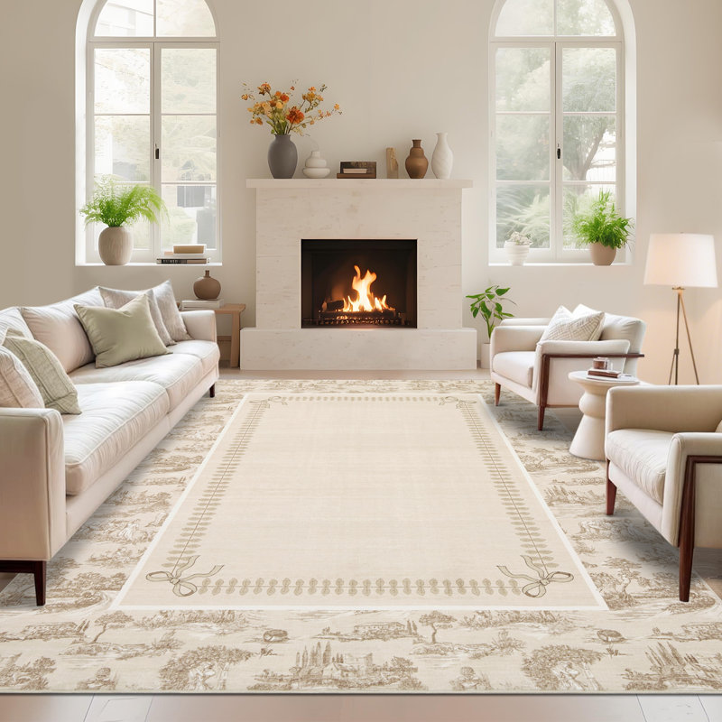 Tapis Toile de Jouy lavable à la machine – Tapis à motif champêtre français, ultra doux, antidérapant et ne peluche pas