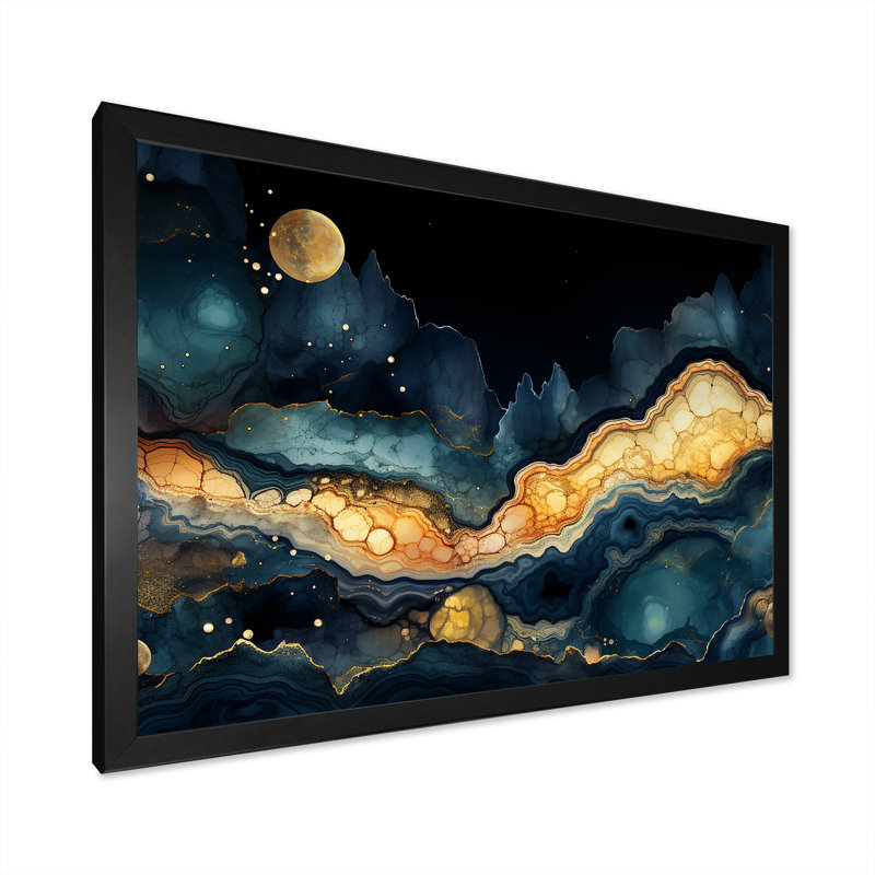 Inclinaison dorée et bleue - art mural géométrique, Cadre d'angle fermé noir, H 24 po x l 32 po x P 1 po