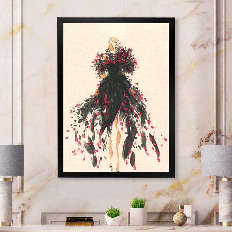 «Fashion Woman», art au trait V - œuvre d'art sur toile glamour, Cadre photo noir, H 32 po x l 16 po x P 1 po