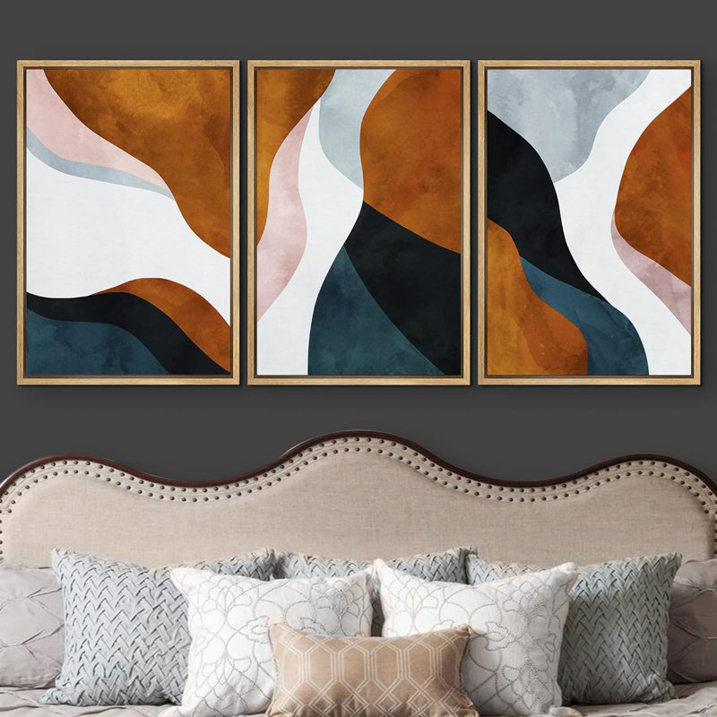 «Mid Century Shape», impression géométrique sur toile abstraite encadrée brune et bleue 3 pièces, H 36 po x l 72 po, Naturel