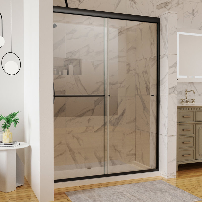 Matte Black Sliding Shower Door With Mark Coatings 54" X 72" Transparent Glass And Stable Handle