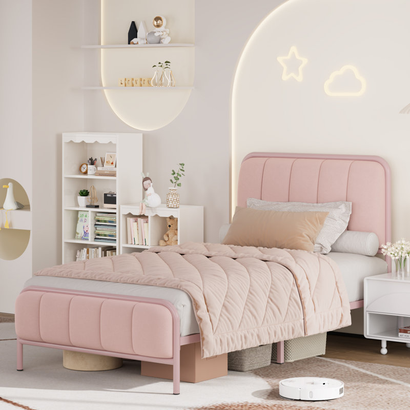 Upholstered Platform Bed with Velvet Headboard, Pink, Twin