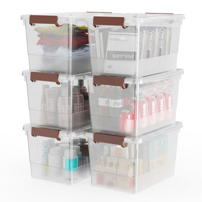 17qt Clear Plastic Storage Bin with Lid and Latching Buckles, 6 Pack Stackable Tote Organizing Box with Handle