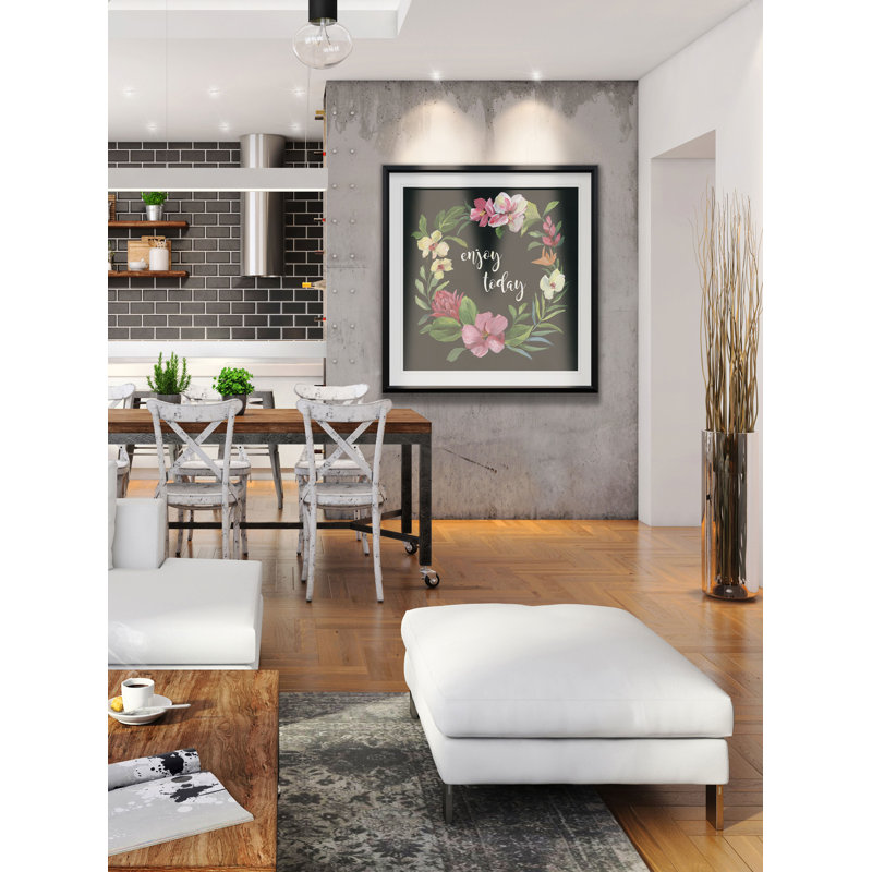 «Tropic Wreath Enjoy Today», peinture, H 16 po x l 16 po x P 2 po, Cadre noir