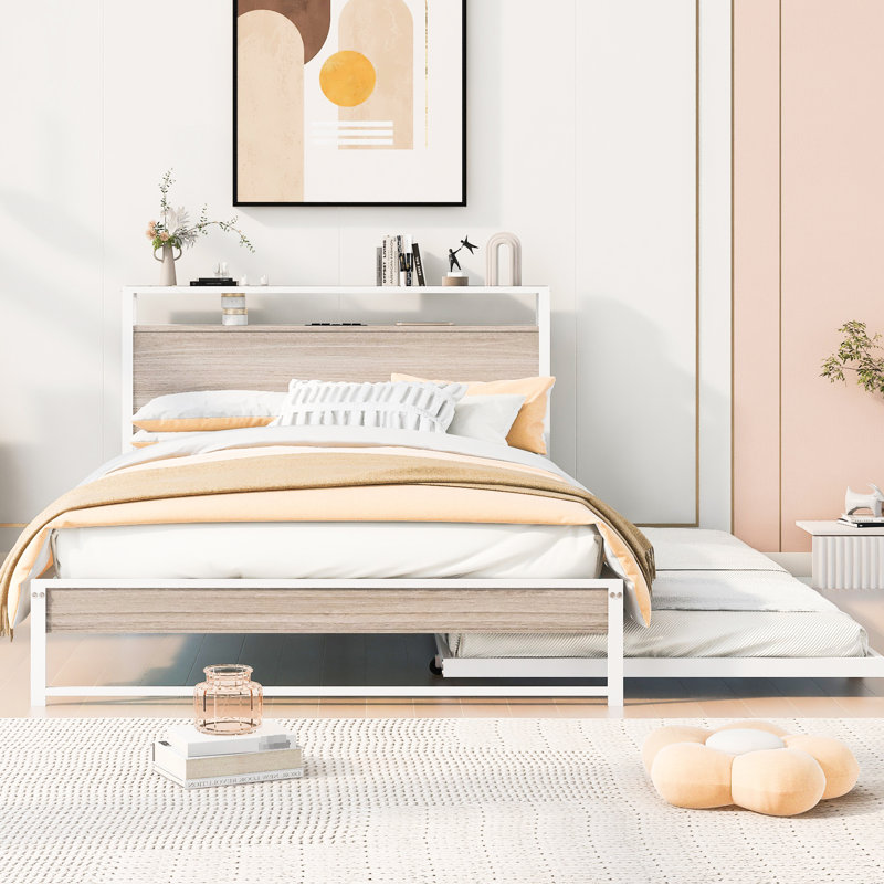 Structure de lit en métal blanc avec lit gigogne, ports et lattes. Fabrication robuste, aucun sommier tapissier requis. Lit gigogne pour chambre à coucher. Et rustique moderne. , Espace de couchage supplémentaire fourni